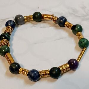 Gold and Blue Gemstone Beaded Bracelet